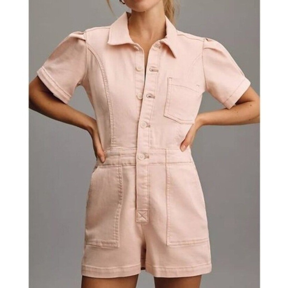 Anthropologie Pilcro Kit Utility Romper Pink Denim Short Sleeve Puff Sleeve 12